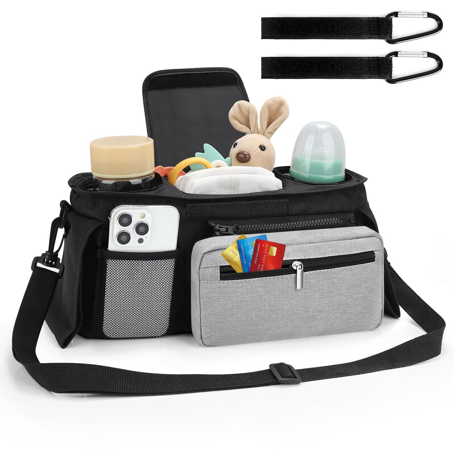 Universal Stroller Organizer with Insulated Cup Holder Detachable Phone Bag and Shoulder Strap,Stroller Bag Caddy Organizer Accessories Fits for Uppababy, Baby Jogger, Britax Strollers