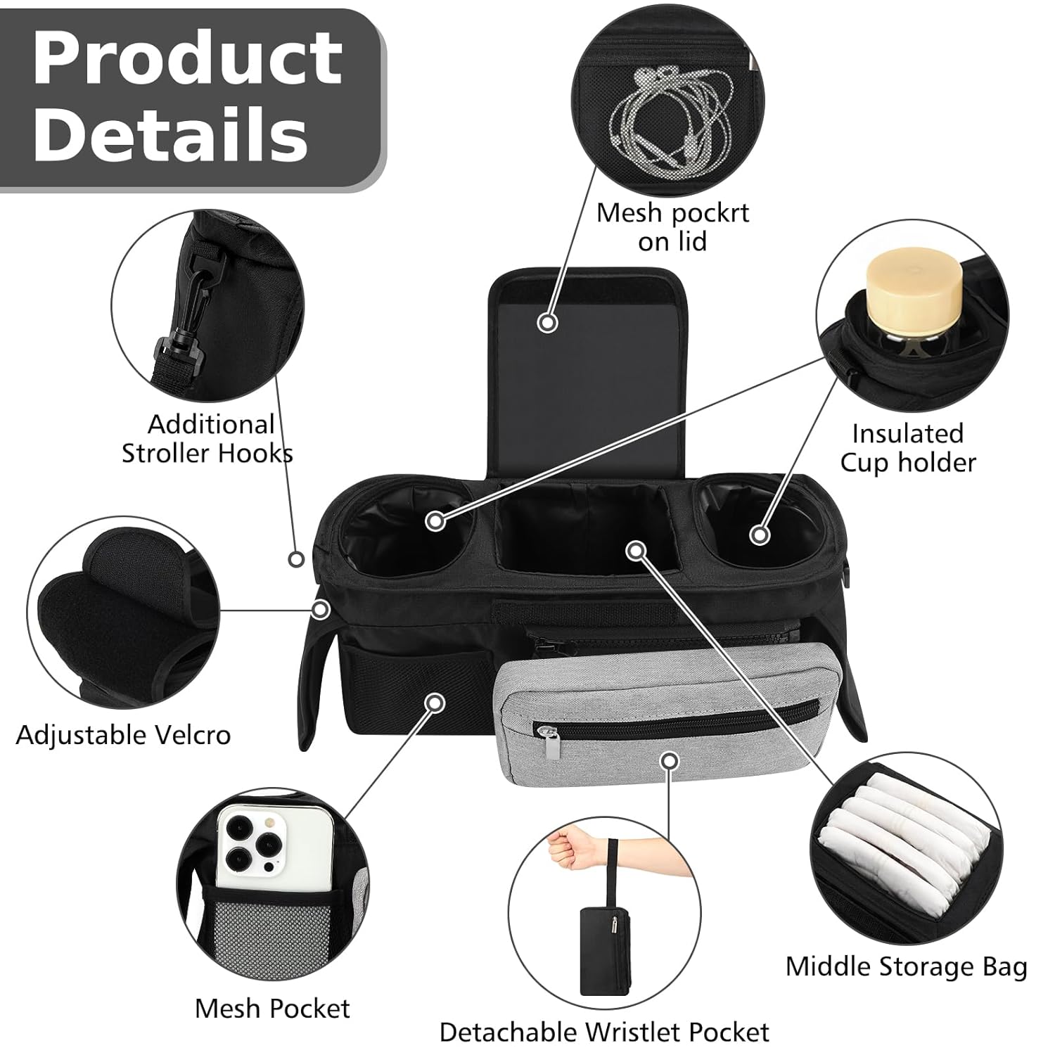 Universal Stroller Organizer with Insulated Cup Holder Detachable Phone Bag and Shoulder Strap,Stroller Bag Caddy Organizer Accessories Fits for Uppababy, Baby Jogger, Britax Strollers